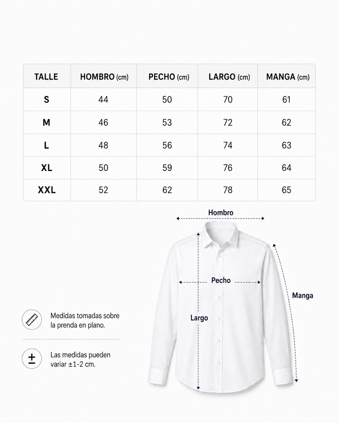 Tabla de talles de la camisa antiarrugas
